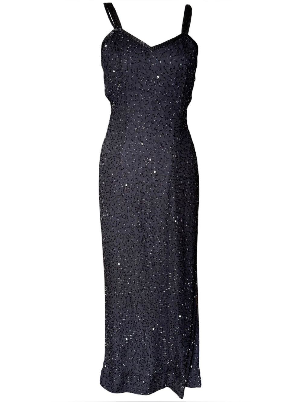 Vintage Scala 100% Silk Black Beaded Evening Gown Strappy Tank Bodycon Dress M